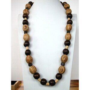 Handcrafted 28 Inch Wooden Beaded Necklace With 1.5 Inch Spiral & Dark Brown Bea